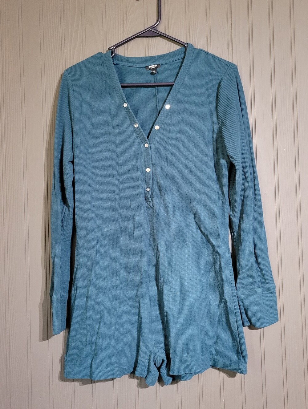 Express Sleepwear Waffle Knit Henley Sleep Romper Long Sleeve Teal Women's Large